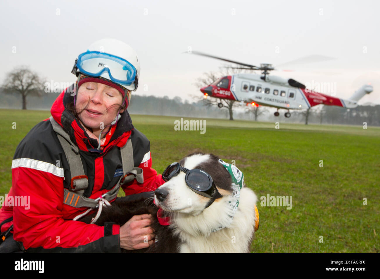 A Sikorsky S92 Helicopters run operated by Bristows at Carlton Hall in Penrith, Cumbria, UK to train with Lake district mountain rescue Team members, with a SARDA, Search and Rescue dog Association, search dog, wearing eye and ear protection. Stock Photo
