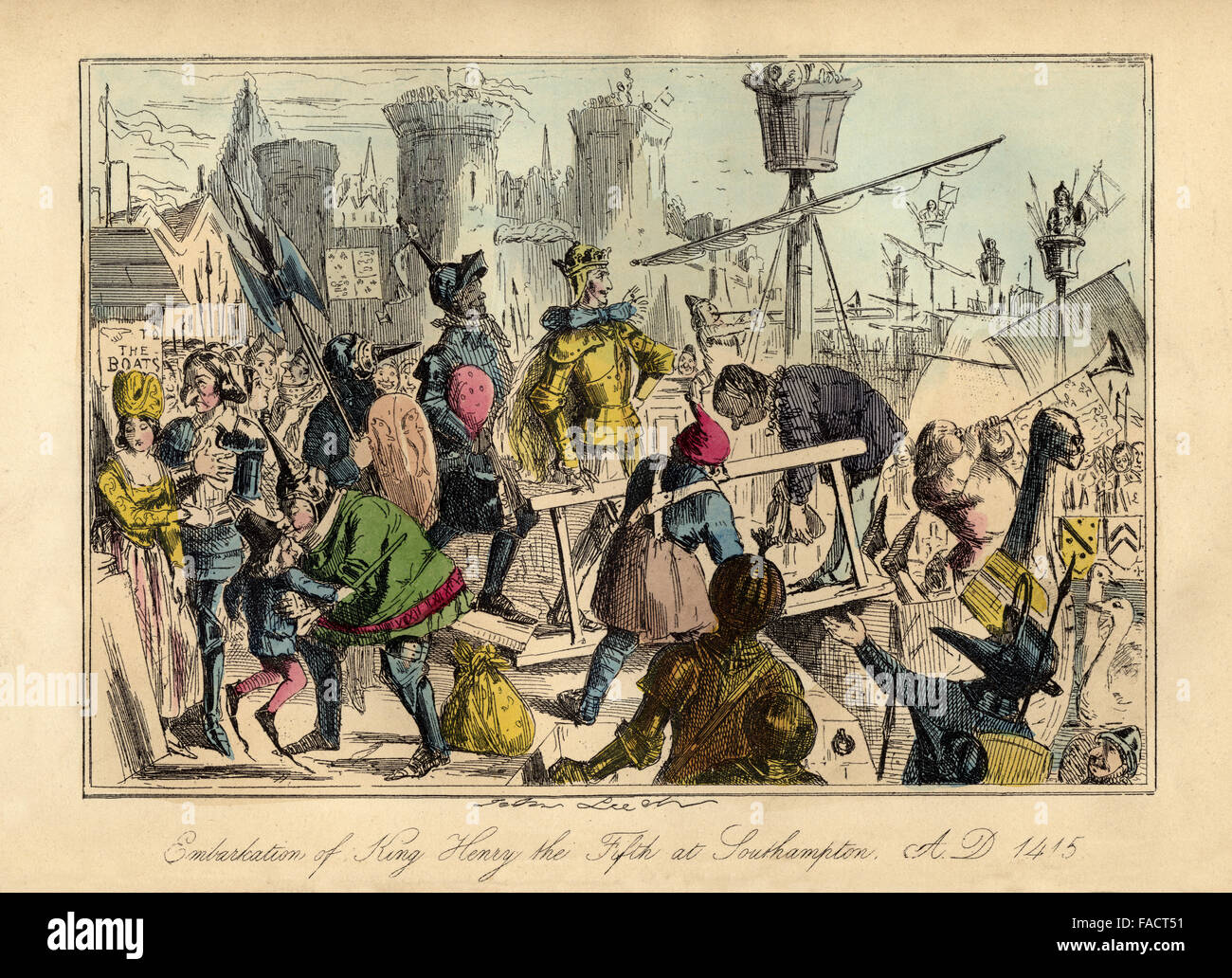 Hand coloured comic Illustration from 1846 depicting King Henry V departing for France in 1415 before the Battle of Agincourt Stock Photo
