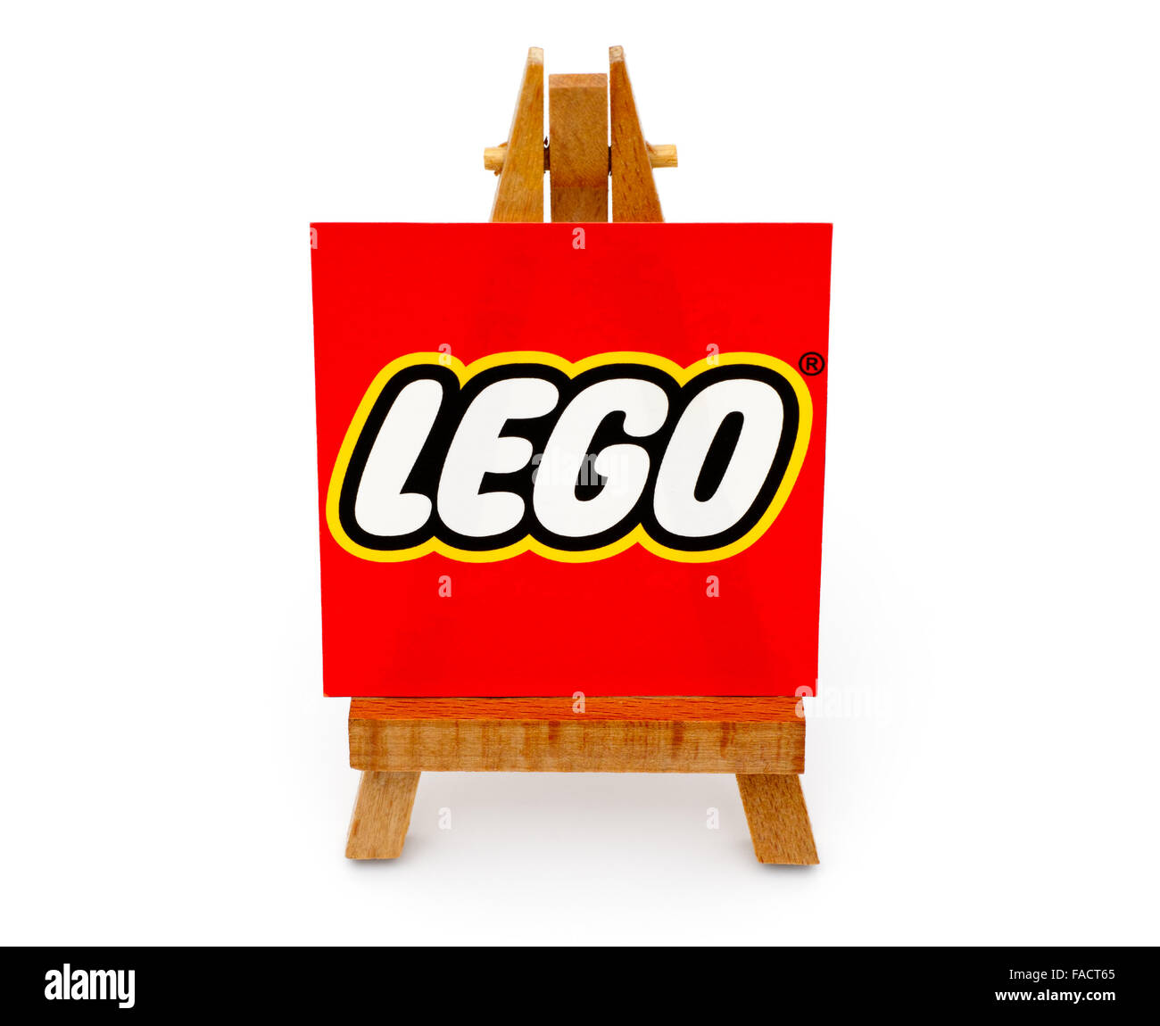 Tambov, Russian Federation - September 27, 2015 Wooden easel paper with word Lego on it. White background. Studio shot. Stock Photo