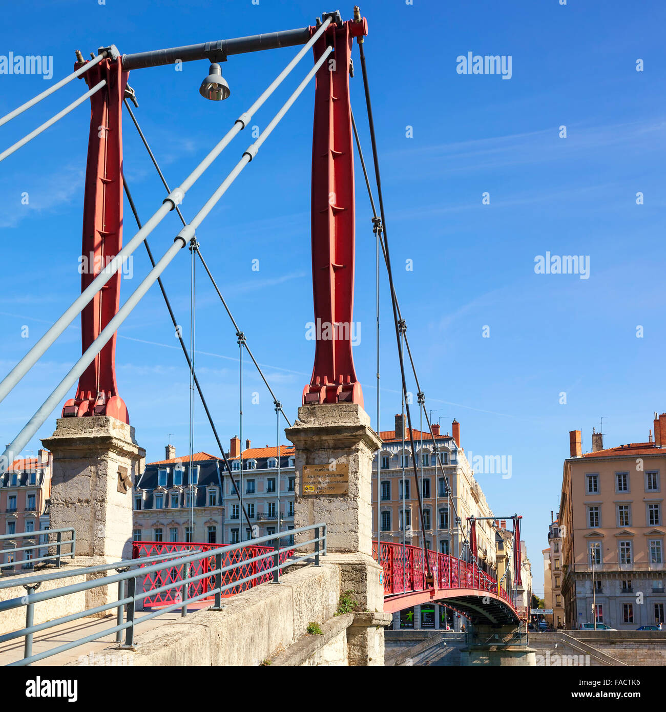 Famous red footbridge in Lyon, France, Europe. Stock Photo