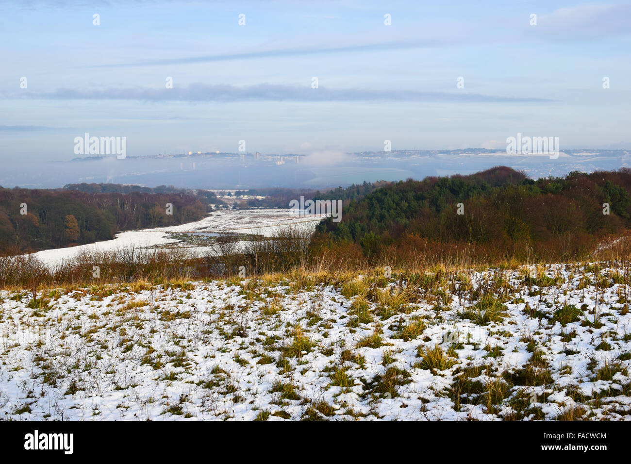 Looking across snowy fields, to Gateshead in the distance. Stock Photo