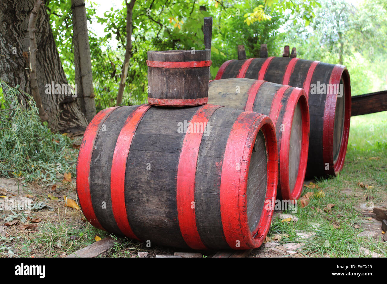 old wooden wine barrels on a countryyard Stock Photo Alamy