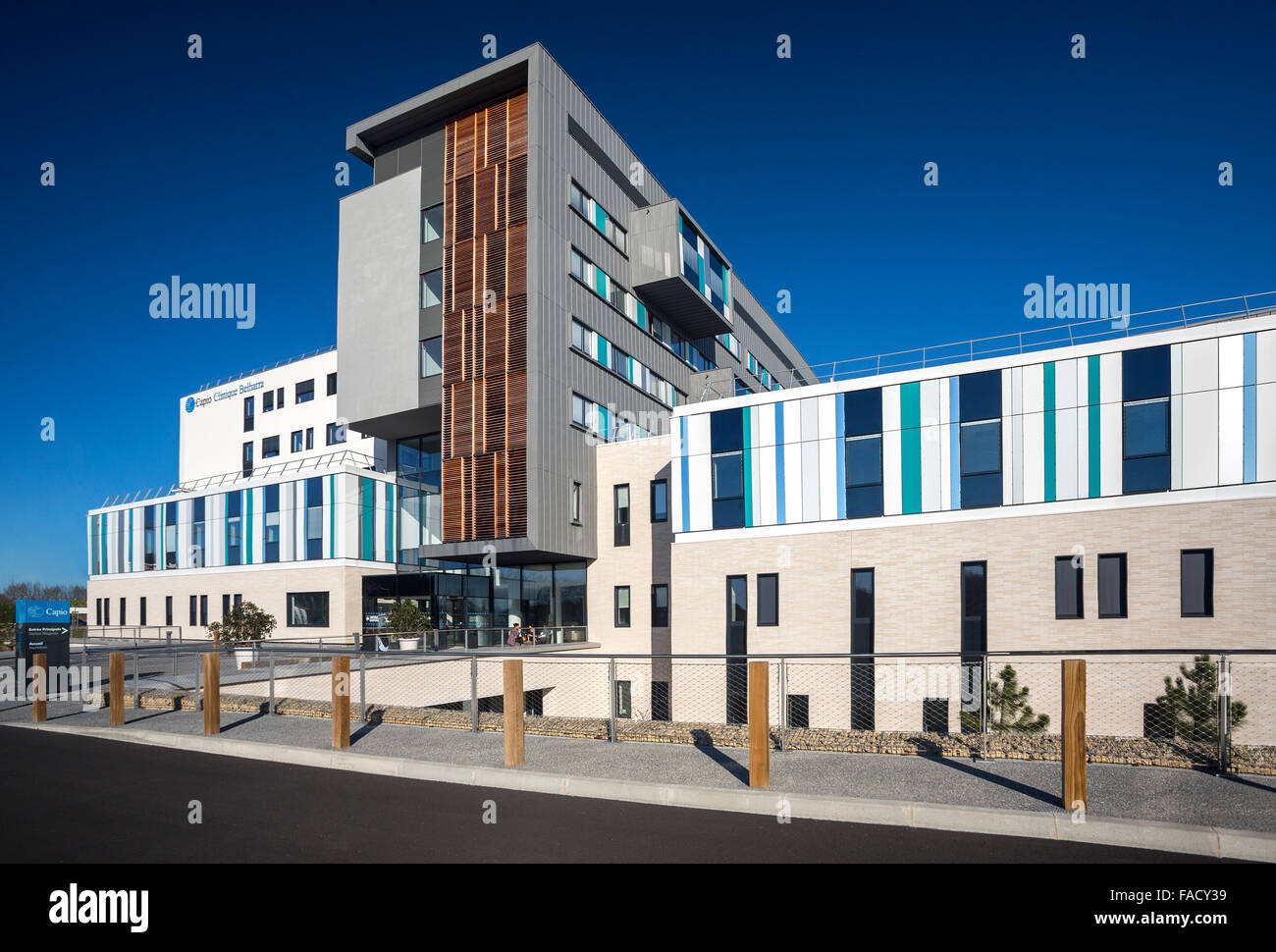 The Belharra clinic frontage: a modern building with the high quality environmental standards (Bayonne - Aquitaine - France). Stock Photo