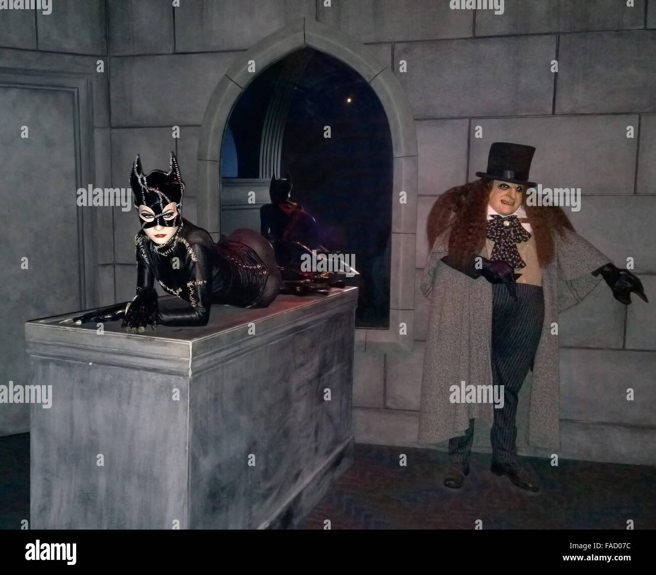 Cat woman and Penguin at Louis Tussaud's Waxworks in Niagara Falls City, Ontario, Canada Stock Photo