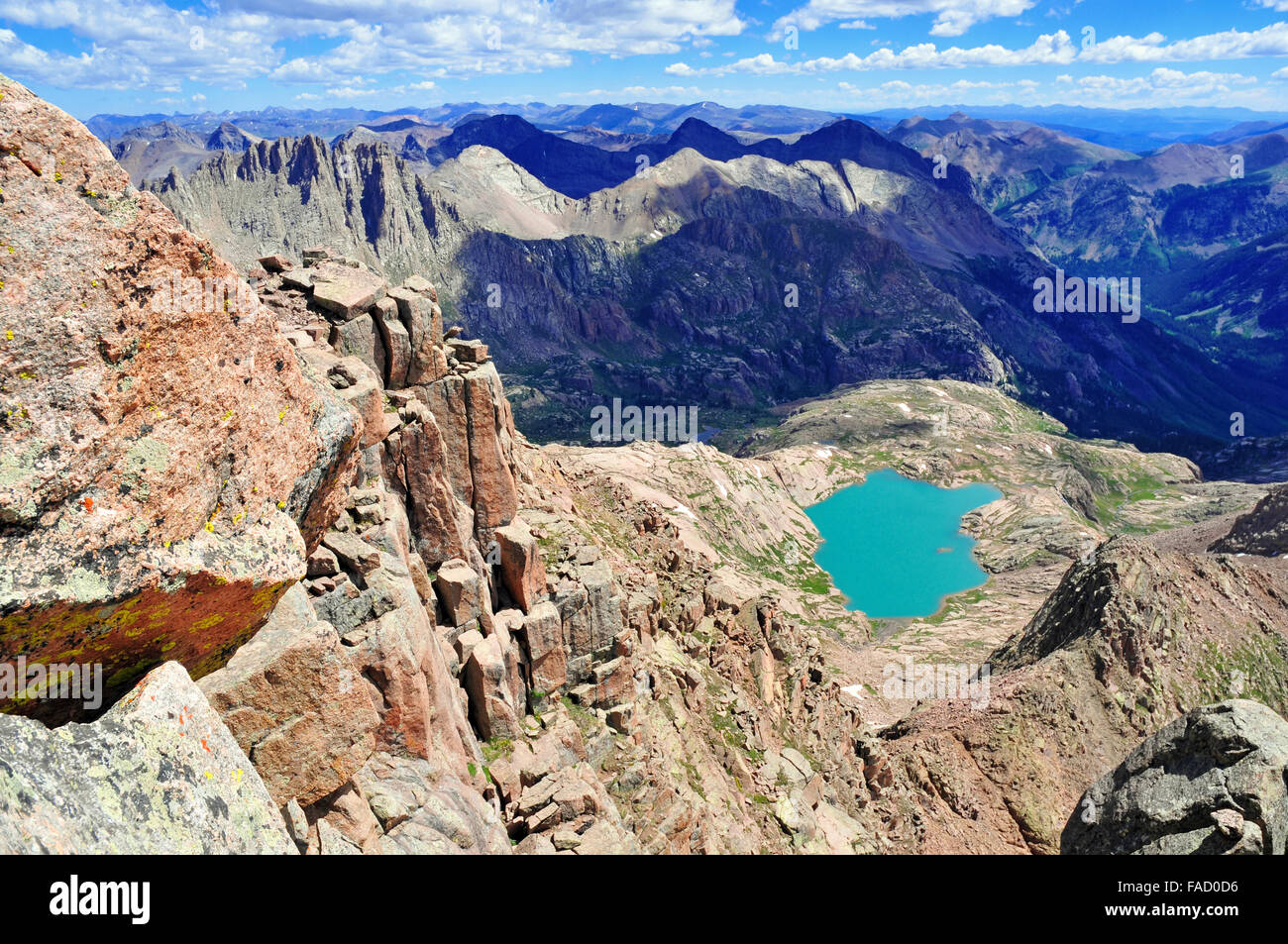 High altitude clear alpine lakes in the Rocky Mountains, as viewed from a mountain summit above