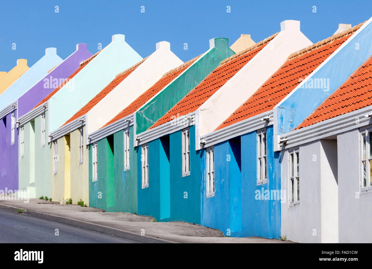A Row of Colourful Houses on Berg Altena Road, Willemstad, Curacao Stock Photo