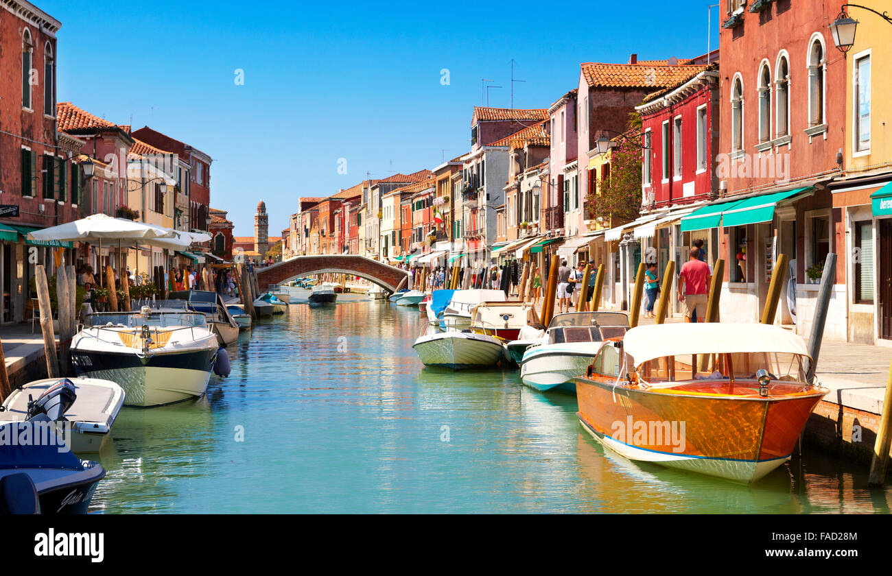 Canal of Fondamente dei Vetrai with morred boats, Murano Lagoon Island, Veneto, Venice, UNESCO Stock Photo