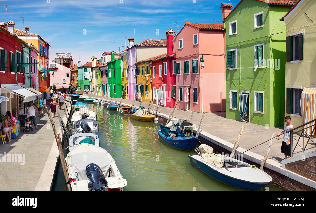 Colourful houses at the canal, Burano Island near Venice, Italy Stock Photo
