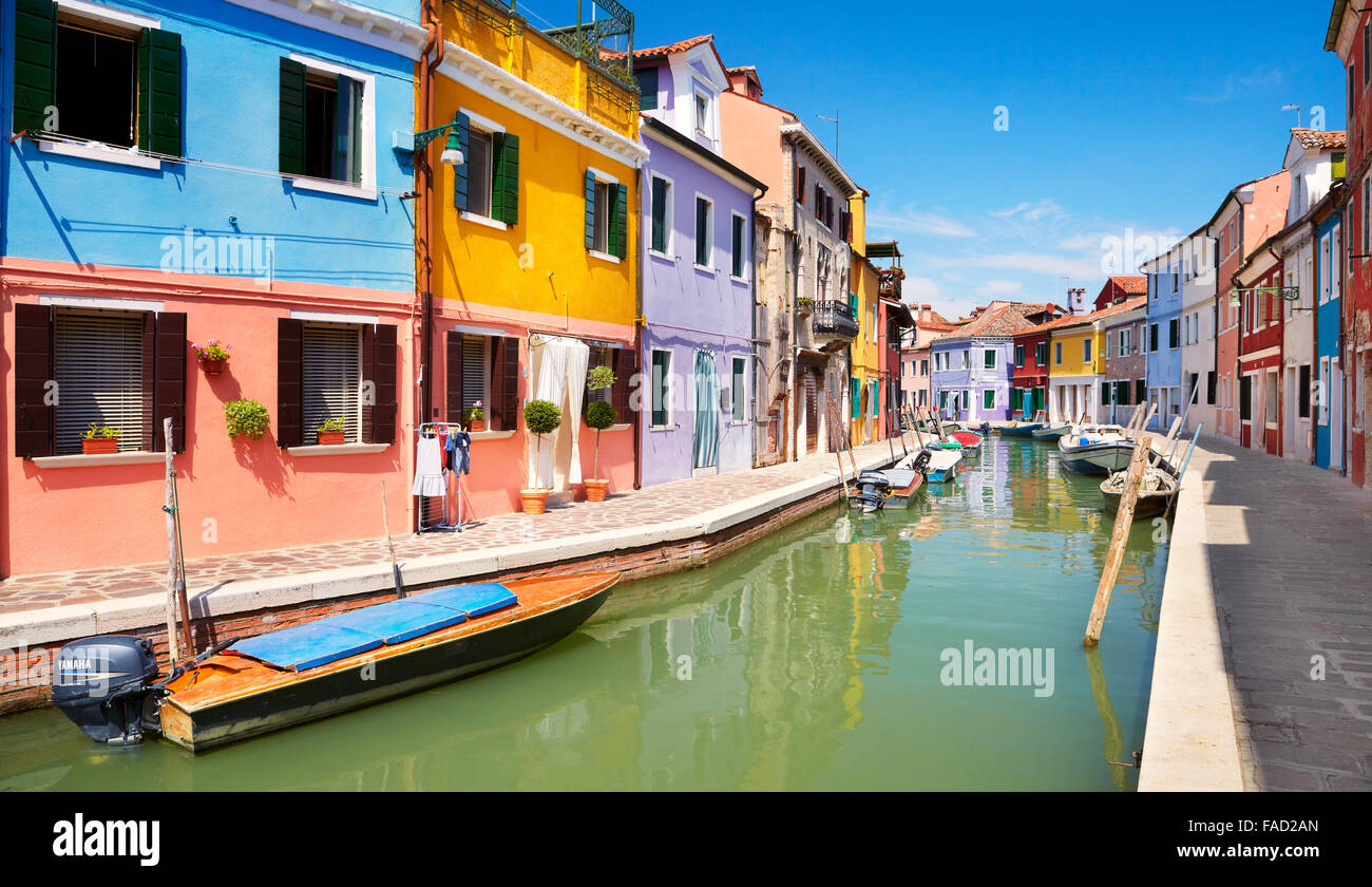 Characteristic colourful houses in village of Burano near Venice in Italy (Burano Lagoon Island), UNESCO Stock Photo