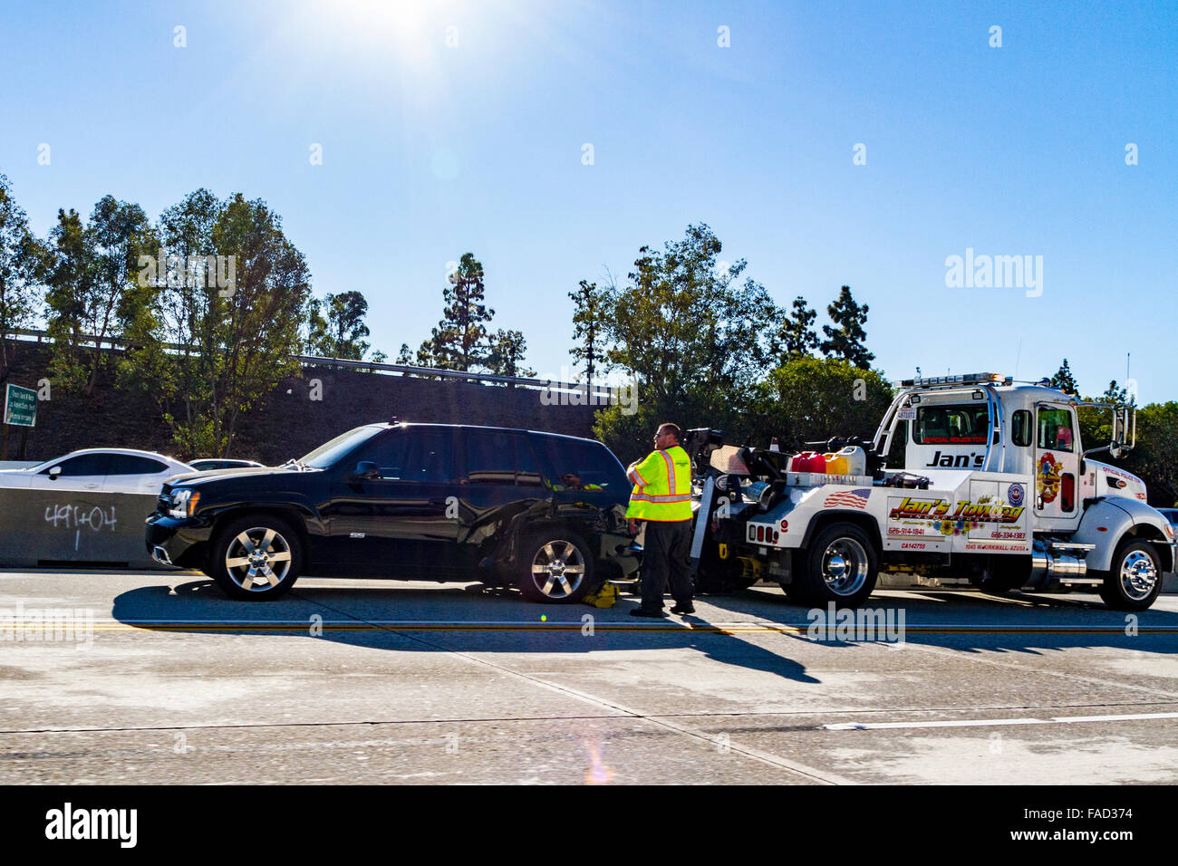 An injury accident on the 210 Freeway near the ^)% Freeway interchange with a Mercedes sedan with airbags deployed Stock Photo