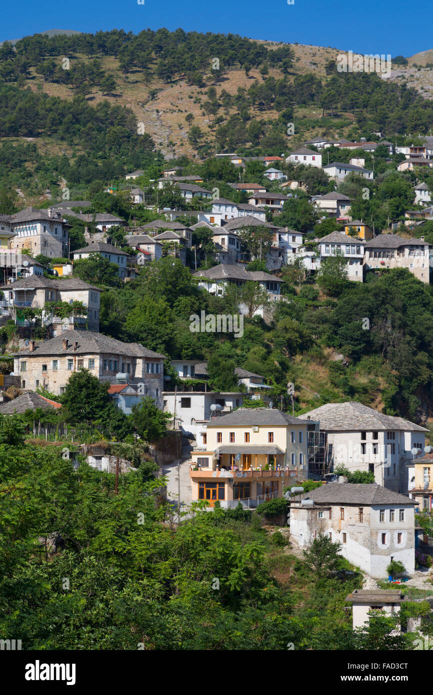 Gjirokastra or Gjirokaster, Albania.  Typical traditional property on edge of old town. Stock Photo