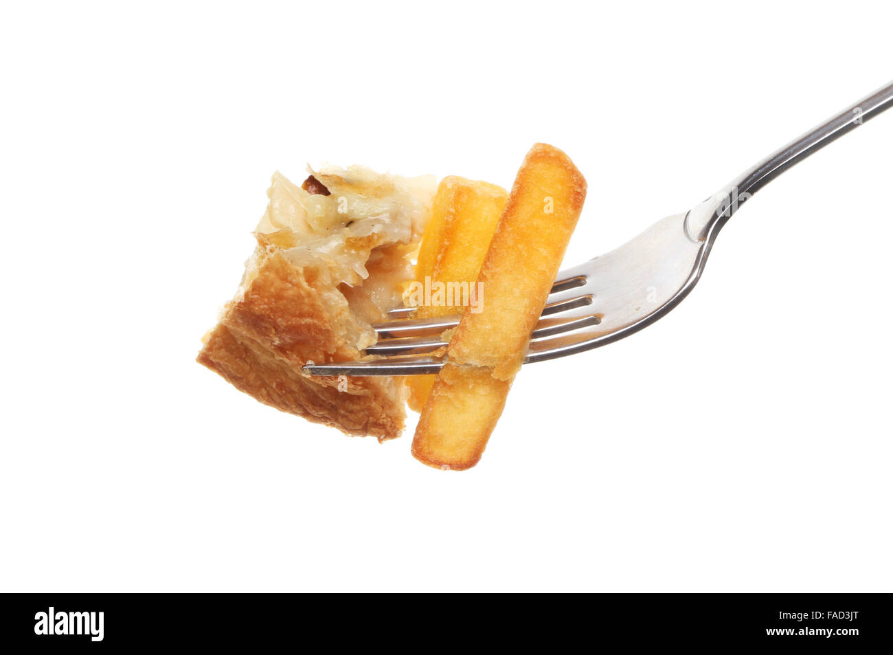 Chicken pie and potato chips on a fork isolated against white Stock Photo