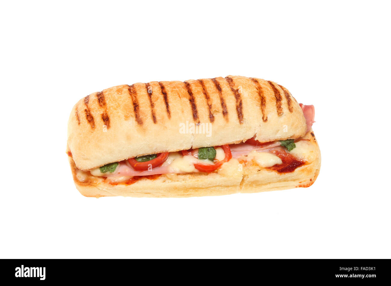 Ham, tomato, Mozzarella cheese and basil panini isolated against white Stock Photo