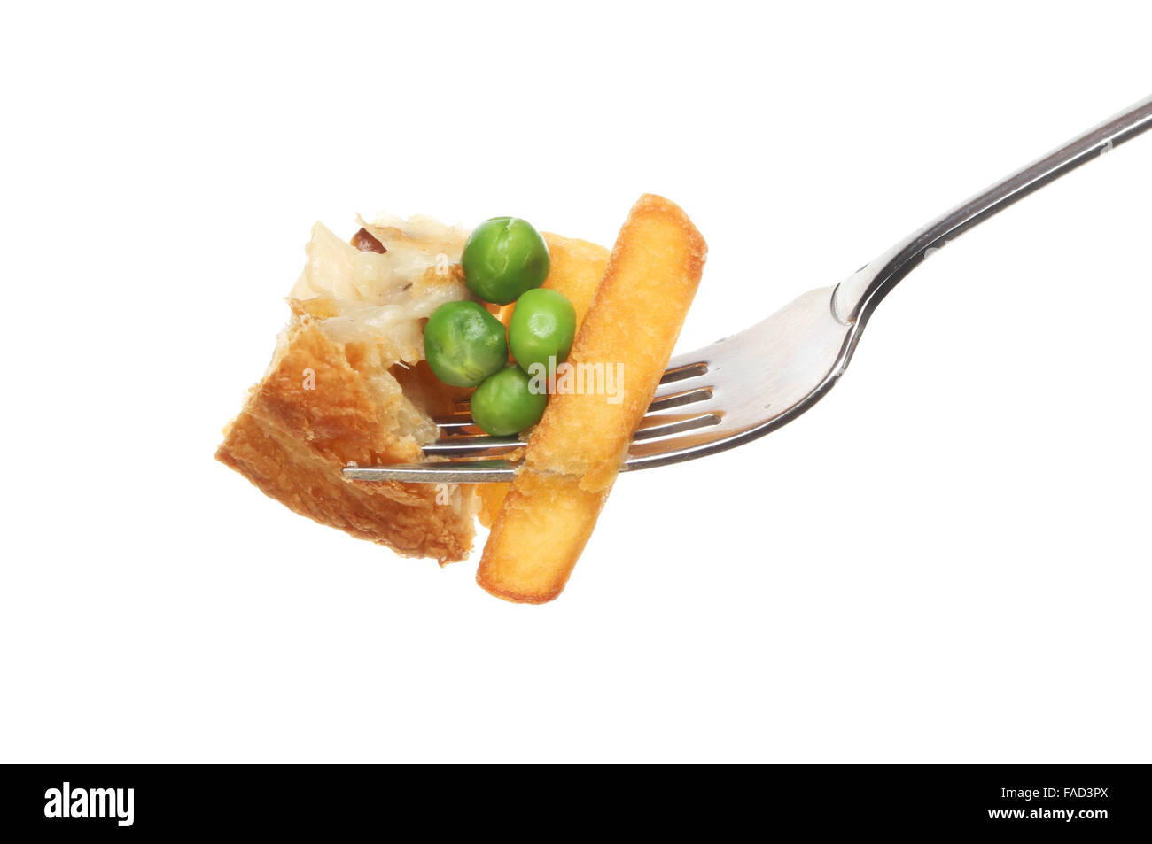 Chicken pie peas and chips on a fork isolated against white Stock Photo
