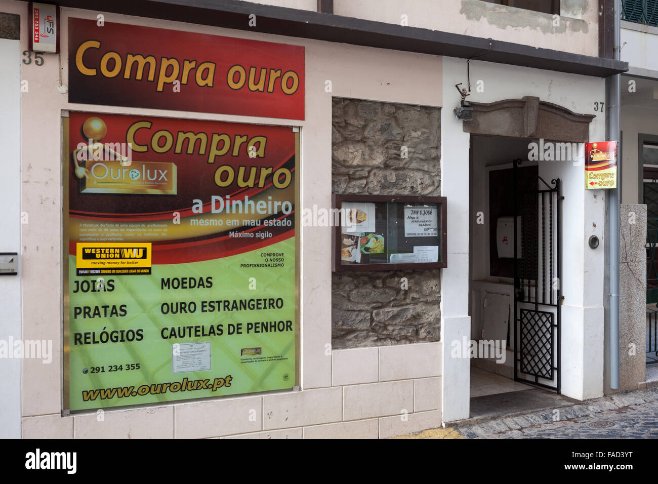 A 'We buy gold' shop. Ribeira Brava, Madeira Stock Photo