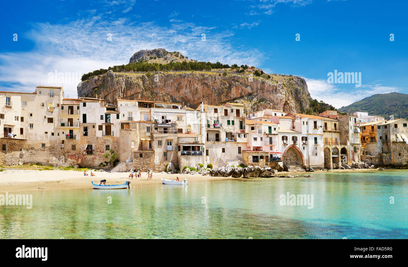 Sicily Island Medieval houses and La Rocca Hill, Cefalu, Italy Stock