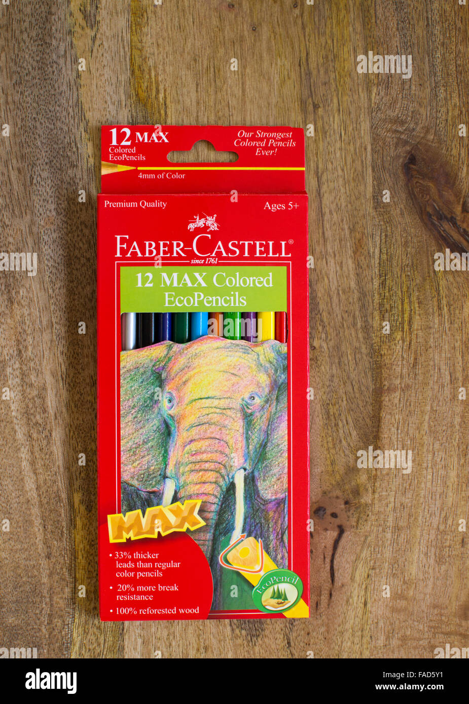 Faber Castell EcoPencils on aged wood board Stock Photo