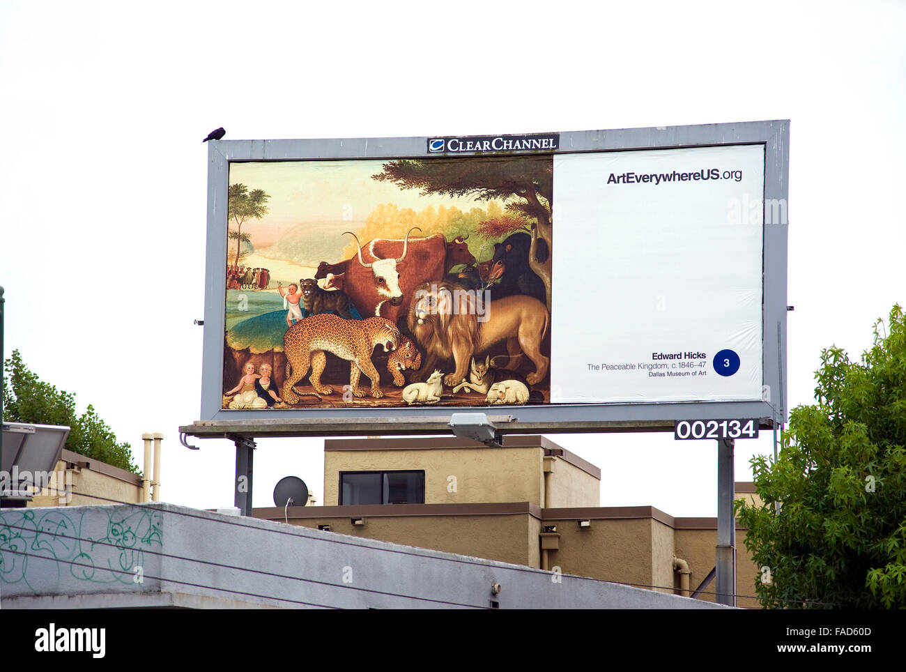An Edward Hicks painting appears on an outdoor advertising billboard in Oakland, CA during the Art Everywhere event. Stock Photo