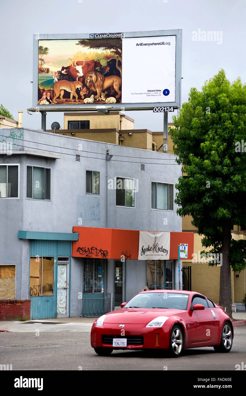 An Edward Hicks painting appears on an outdoor advertising billboard in Oakland, CA during the Art Everywhere event. Stock Photo