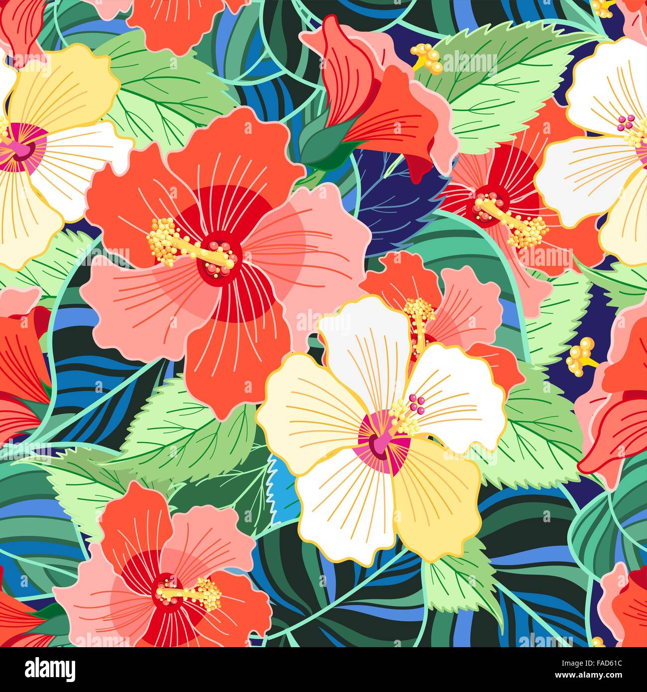 Beautiful tropical colorful pattern hibiscus flowers vector ...
