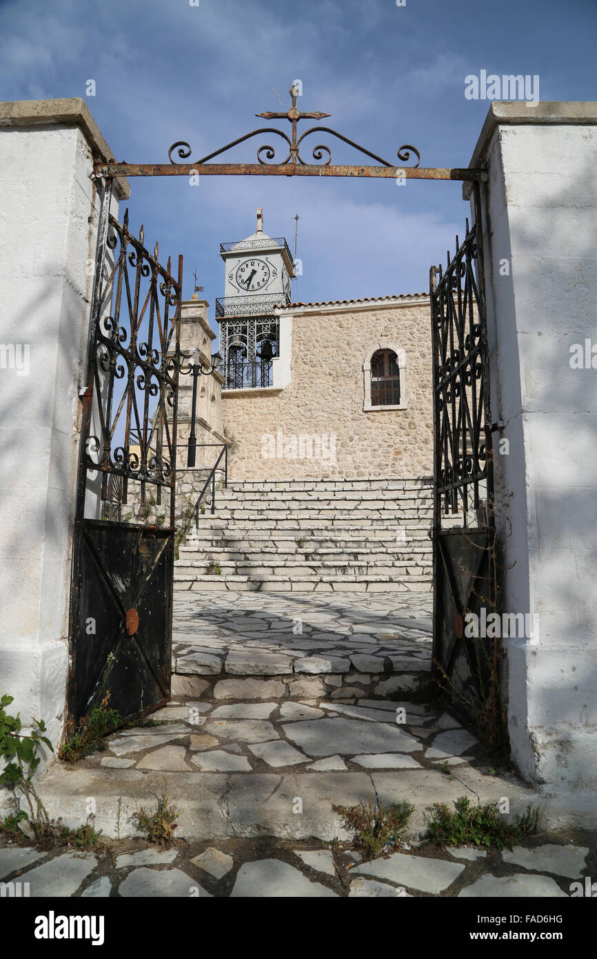 Gated entrance to a Greek Orthodox church in Lefkada, Greece. Stock Photo