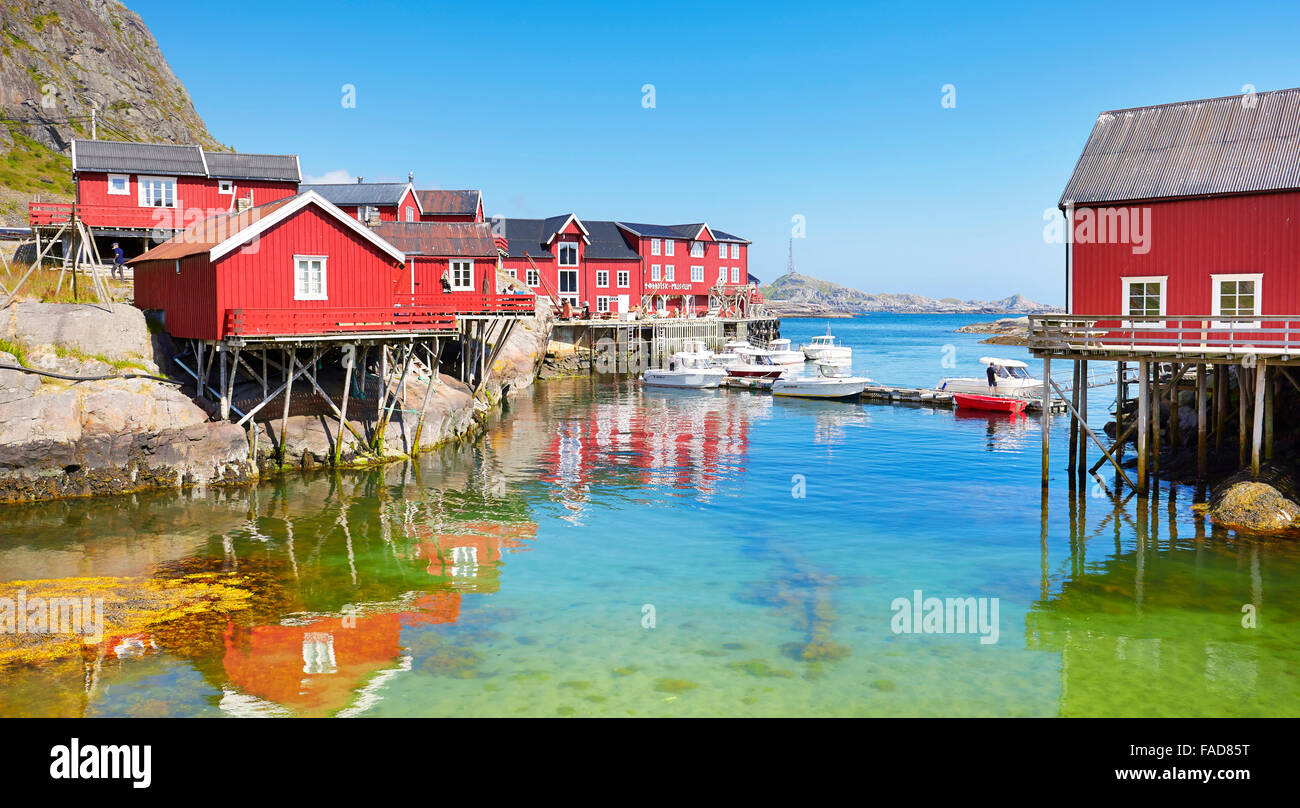 Traditional red wooden rorbu houses on Moskenesoya Island, Lofoten Islands, Norway Stock Photo