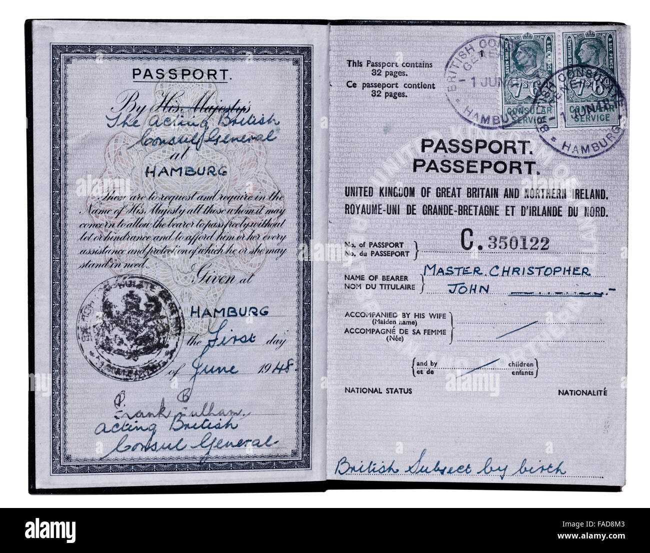 Inside cover Old Style UK Passport issued at Hamburg Germany 1948 Stock Photo