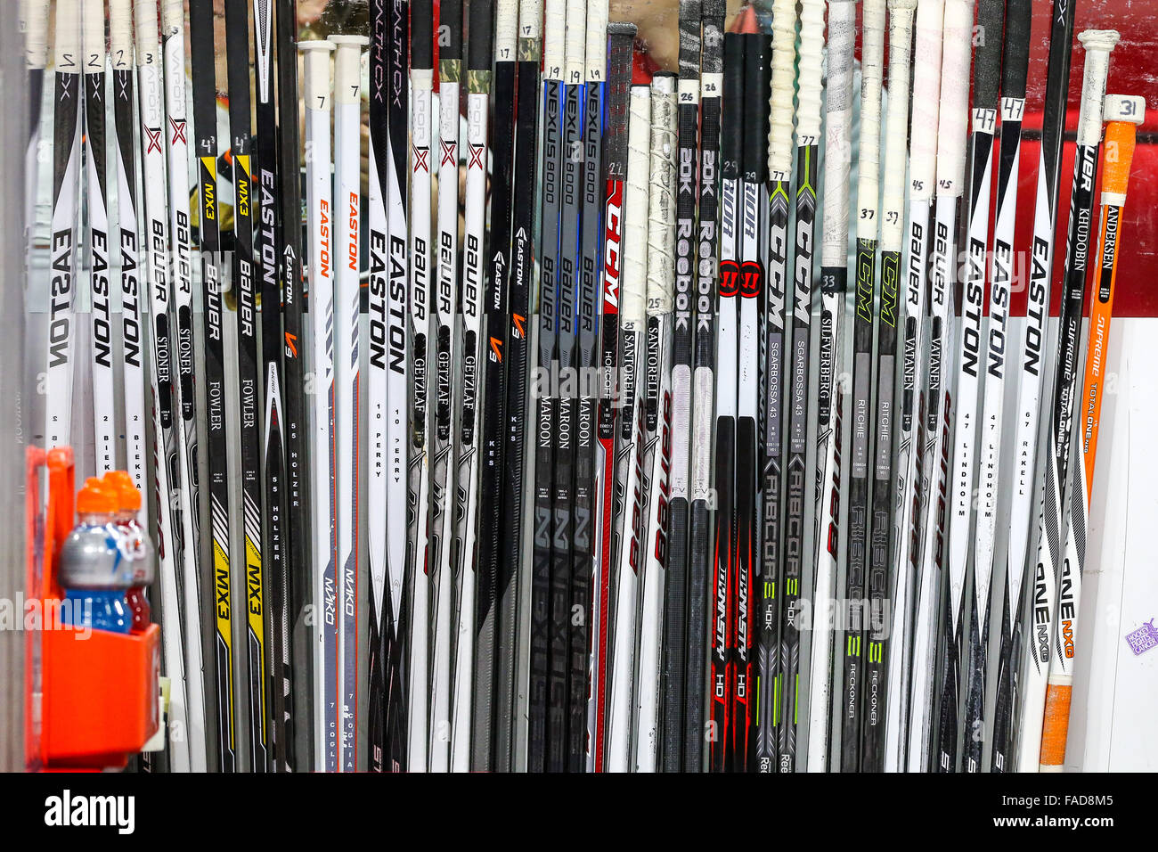 Anaheim Ducks hockey sticks during the NHL game between the Anaheim Ducks and the Carolina Hurricanes at the PNC Arena. Stock Photo