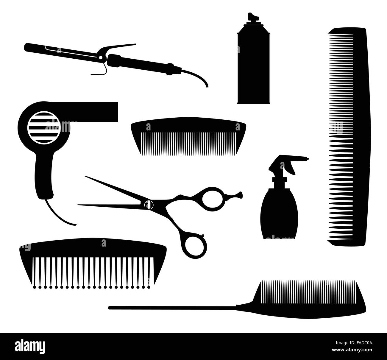 A collection of salon tools in silhouette isolated over a white background Stock Vector