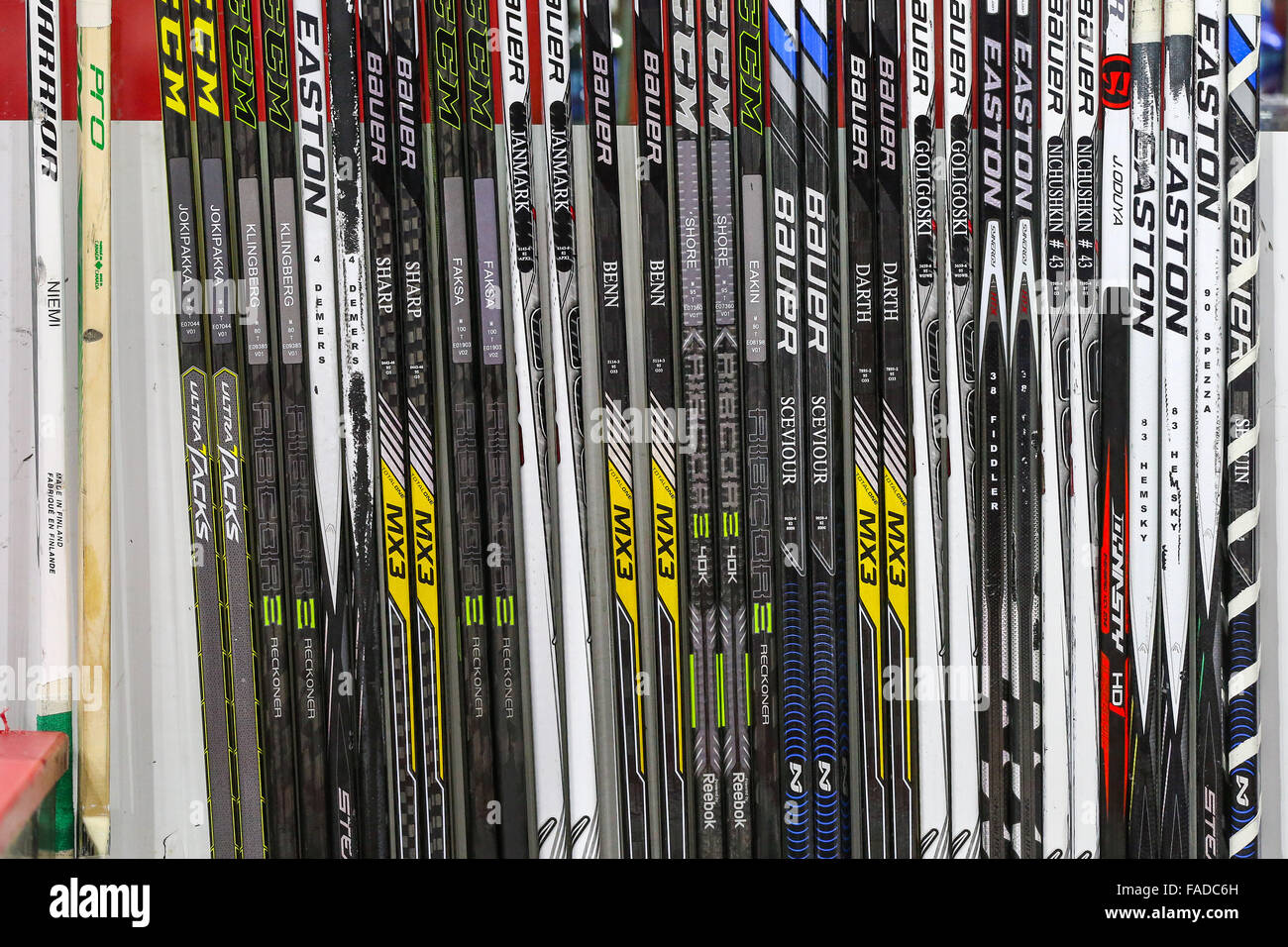 Dallas Stars hockey sticks during the NHL game between the Dallas Stars and the Carolina Hurricanes at the PNC Arena. Stock Photo