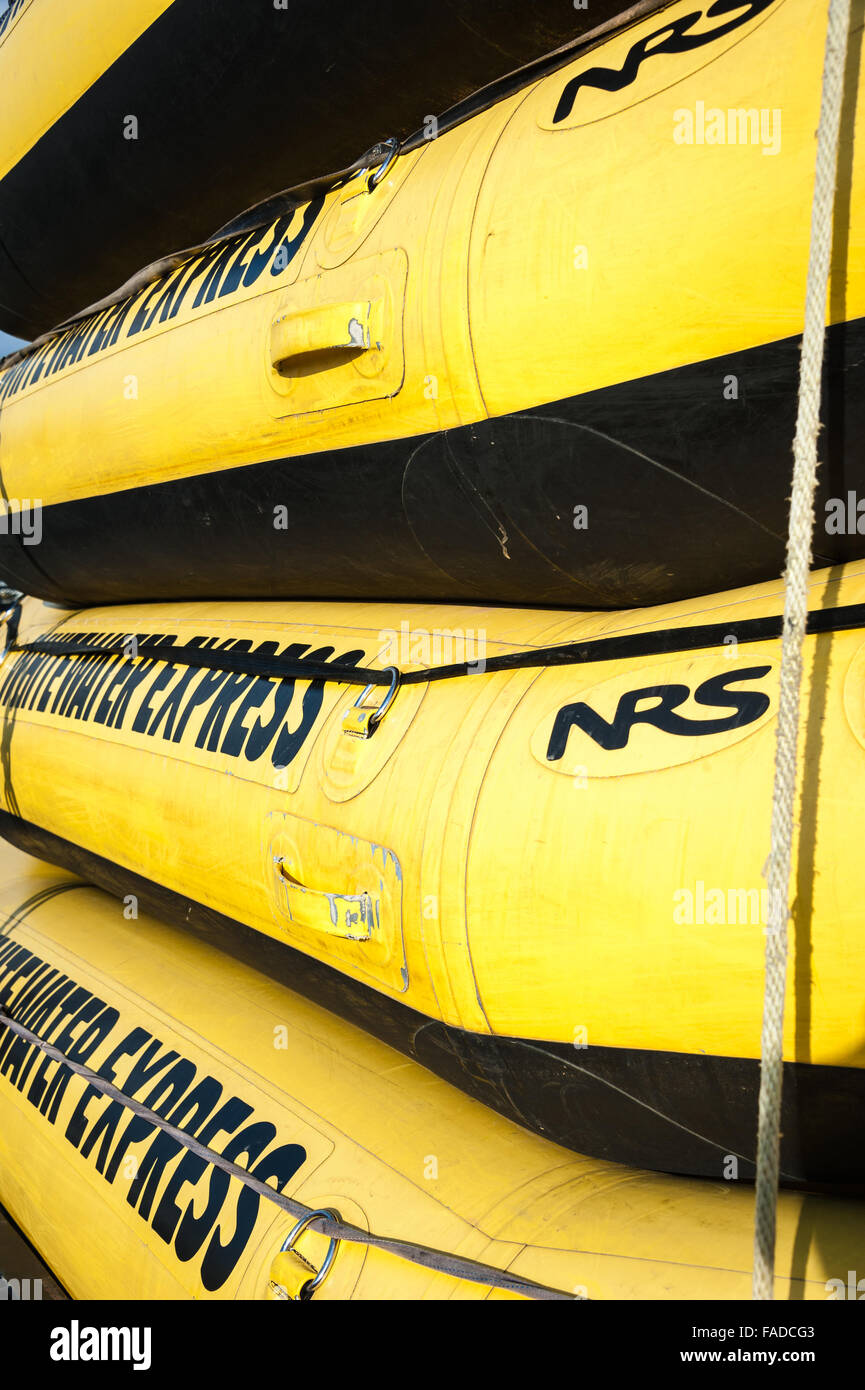 Stacked whitewater river rafts at Whitewater Express on the Chattahoochee River at Columbus, Georgia. Stock Photo