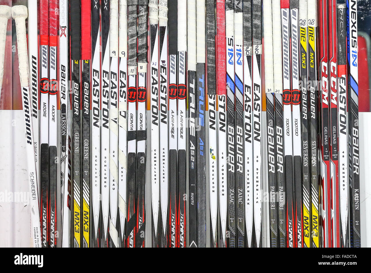 New Jersey Devils hockey sticks during the NHL game between the New Jersey Devils and the Carolina Hurricanes at the PNC Arena. Stock Photo