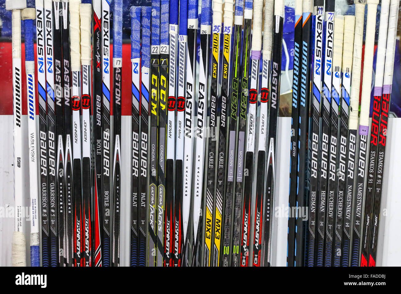 Tampa Bay Lightning hockey sticks during the NHL game between the Tampa Bay Lightning and the Carolina Hurricanes at the PNC Arena. Stock Photo