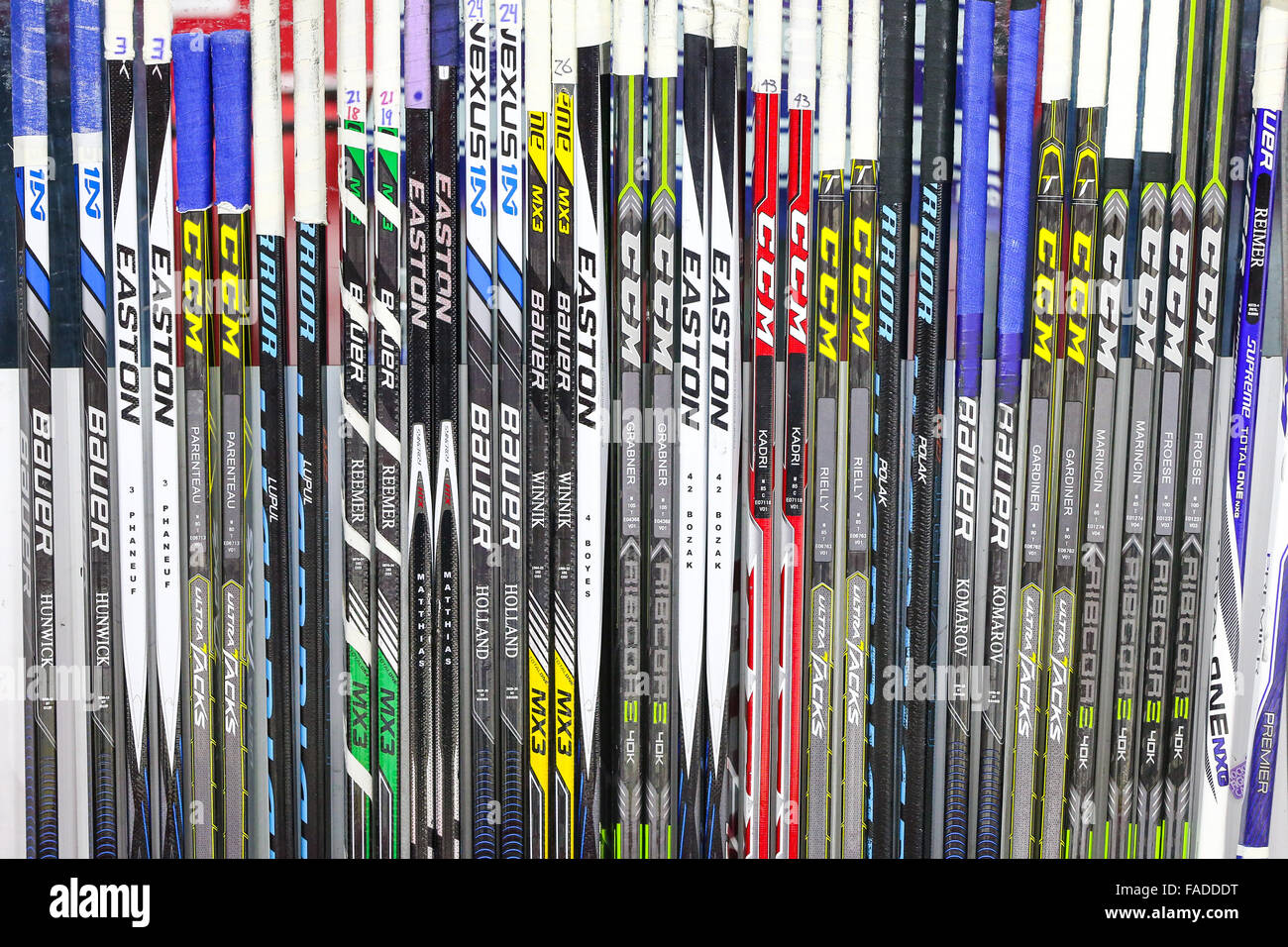 Toronto Maple Leafs hockey sticks during the NHL game between the Toronto Maple Leafs and the Carolina Hurricanes at the PNC Arena. Stock Photo