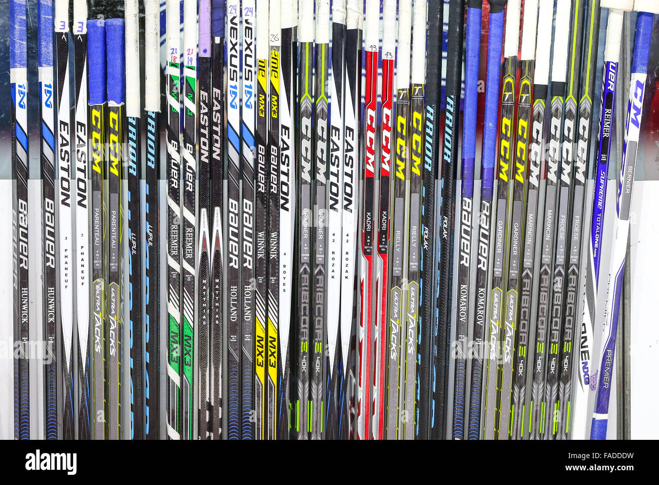 Toronto Maple Leafs hockey sticks during the NHL game between the Toronto Maple Leafs and the Carolina Hurricanes at the PNC Arena. Stock Photo