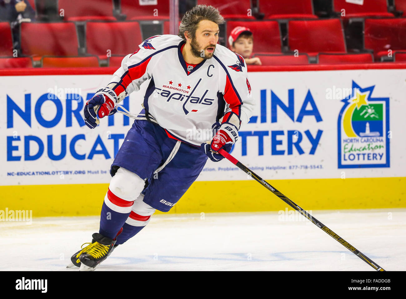 Washington Capitals left wing Alex Ovechkin (8) during the NHL game between the Washington Capitals and the Carolina Hurricanes at the PNC Arena. Stock Photo