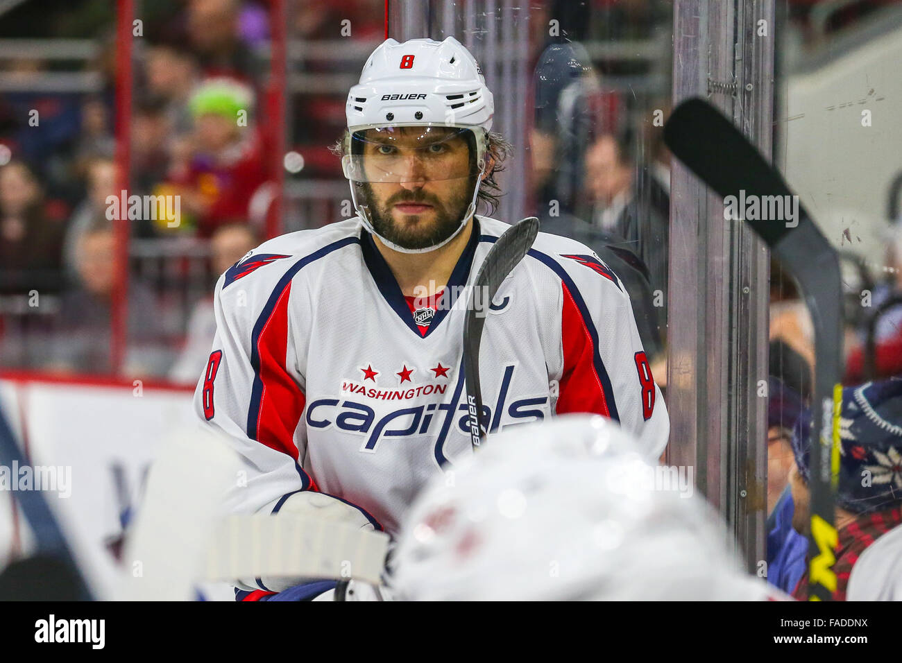 Washington Capitals left wing Alex Ovechkin (8) during the NHL game between the Washington Capitals and the Carolina Hurricanes at the PNC Arena. Stock Photo