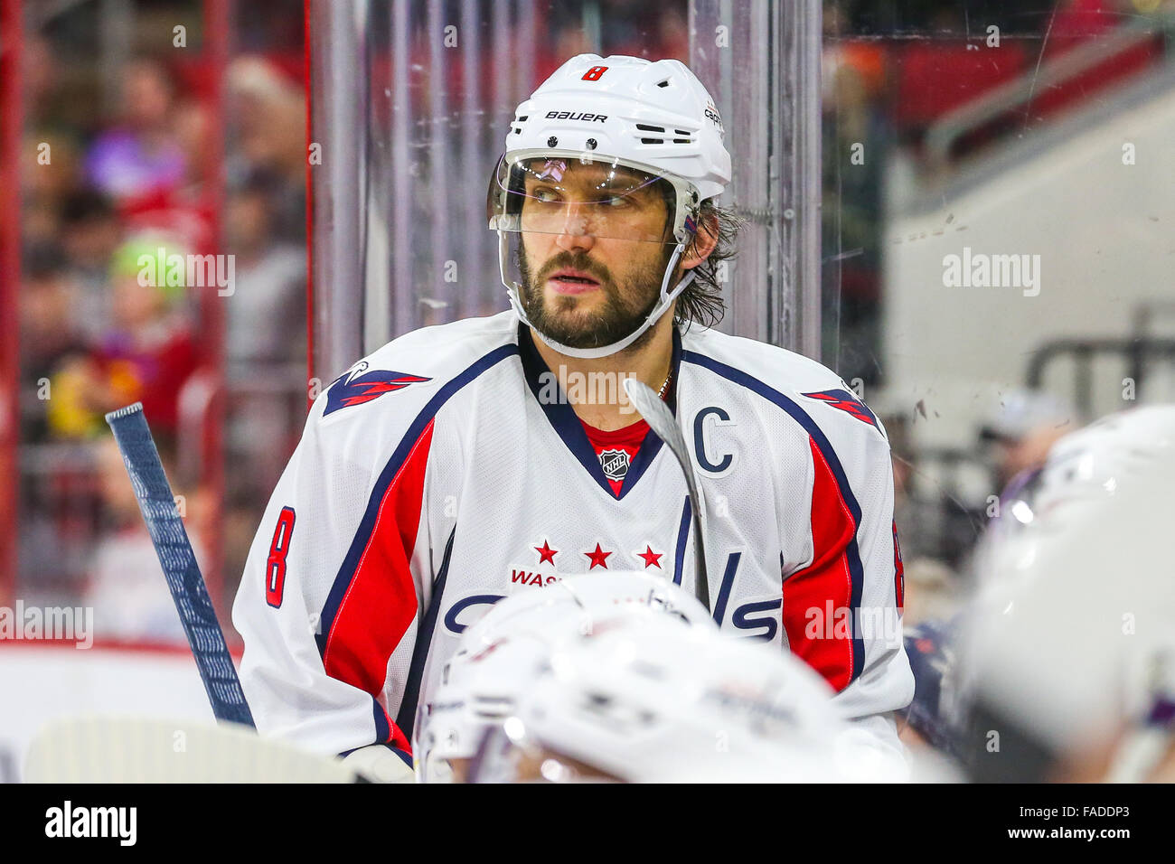 Washington Capitals left wing Alex Ovechkin (8) during the NHL game between the Washington Capitals and the Carolina Hurricanes at the PNC Arena. Stock Photo