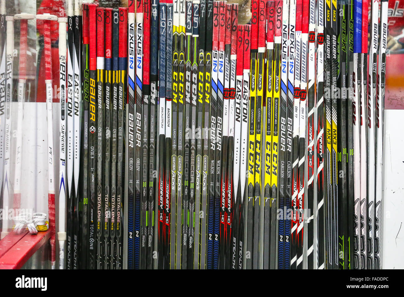 Washington Capitals hockey sticks during the NHL game between the Washington Capitals and the Carolina Hurricanes at the PNC Arena. Stock Photo
