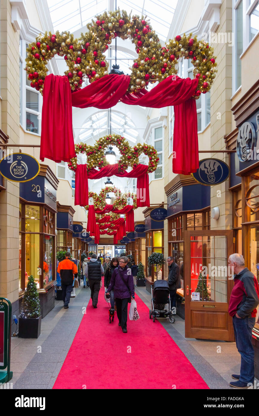 Interior of the Sanderson Shopping Arcade Morpeth Northumberland UK decorated for Christmas