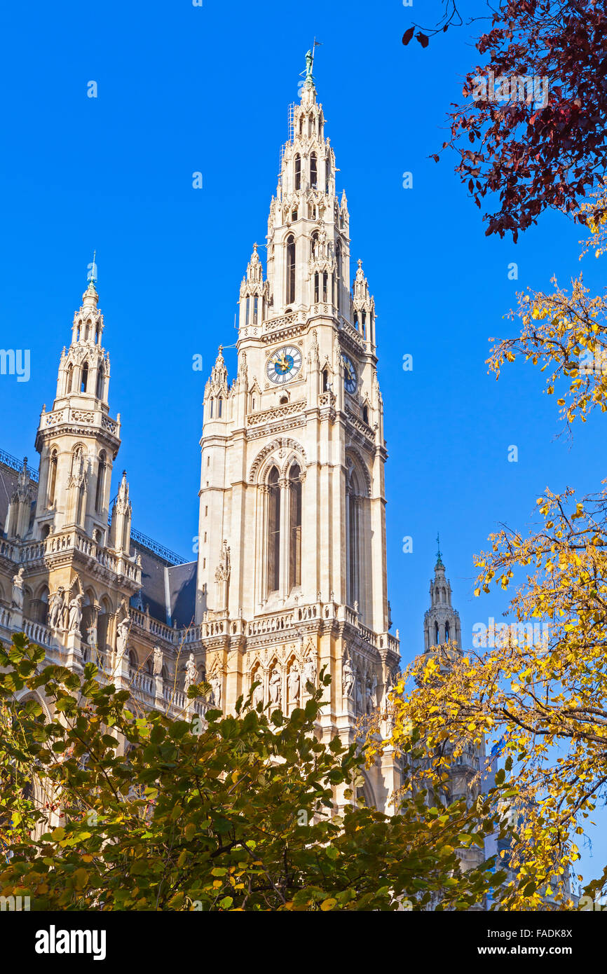 Rathaus of Vienna. Town Hall facade over clear blue sky background Stock Photo