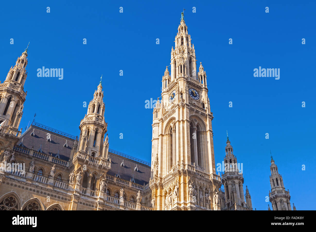 Rathaus of Vienna. Town Hall facade fragment over clear blue sky background Stock Photo