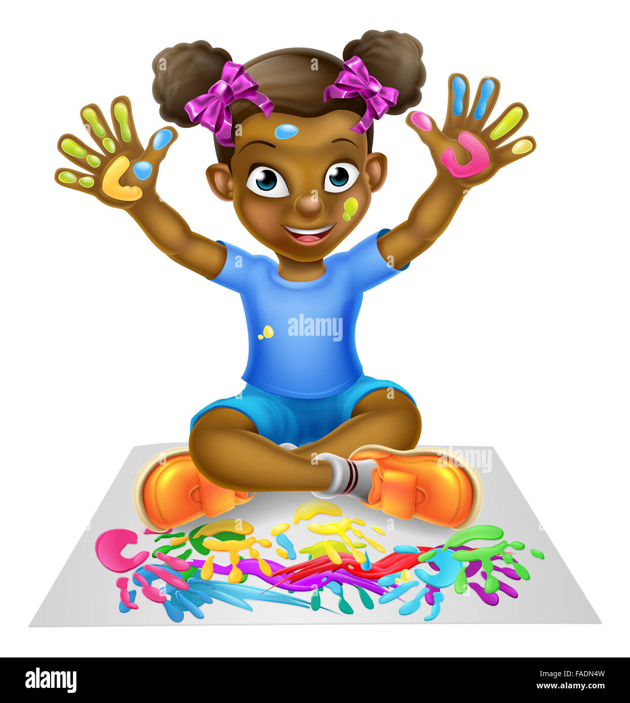 A happy cartoon little black girl being creative playing with paint Stock Photo
