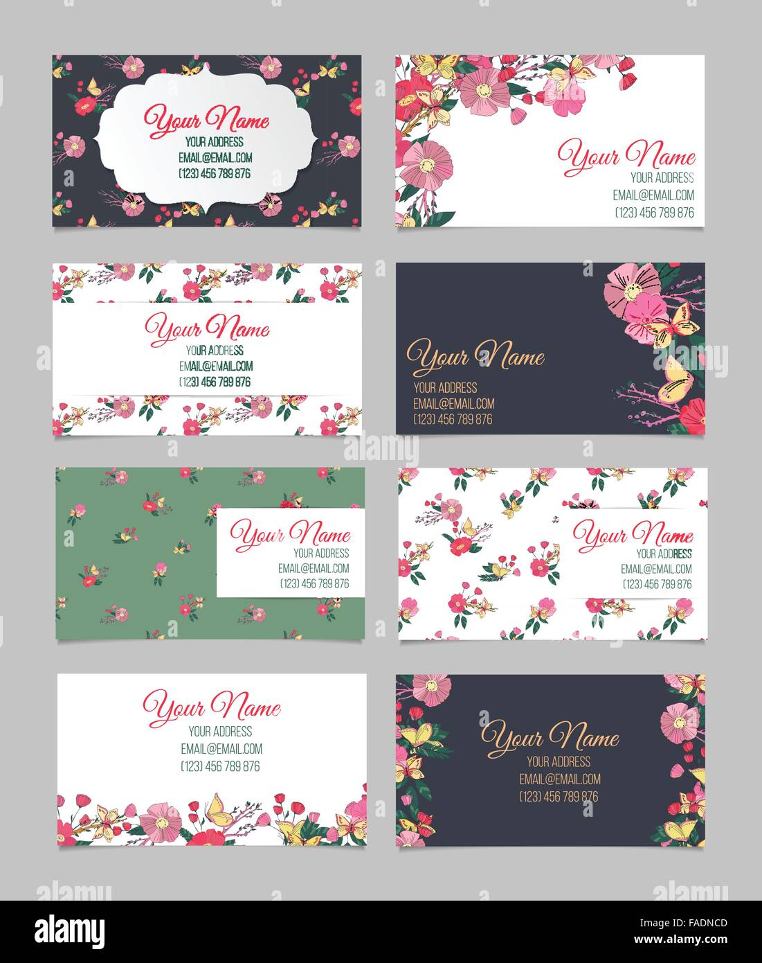 Set of eight floral visit cards Stock Vector