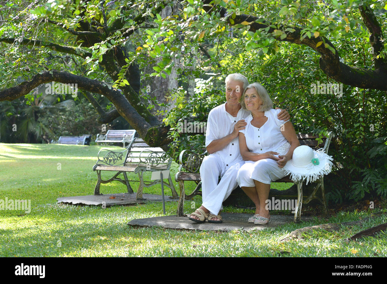 Elderly couple sitting on a bench outdoors Stock Photo - Alamy