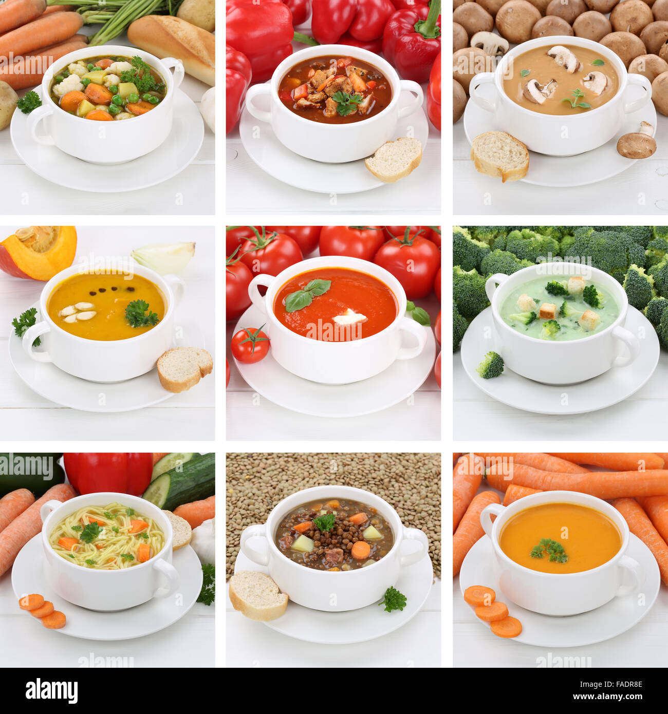 Collection of soups meal healthy eating soup in bowl tomato vegetable noodle Stock Photo