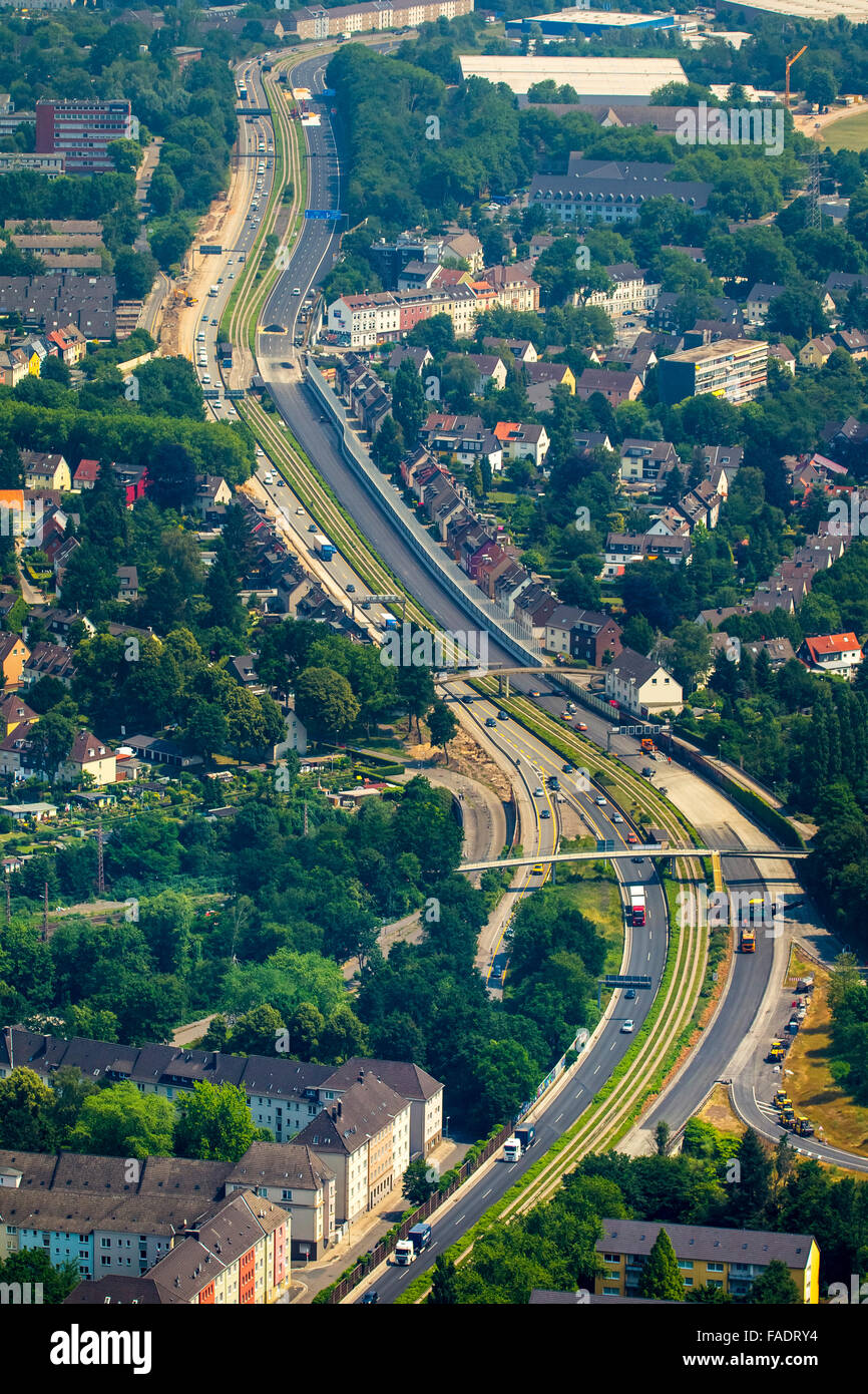Aerial view, pavement refurbishment of the A40 in Essen, B1 Ruhrschnellweg blocking between Essen-Frillendorf and Gelsenkirchen, Stock Photo