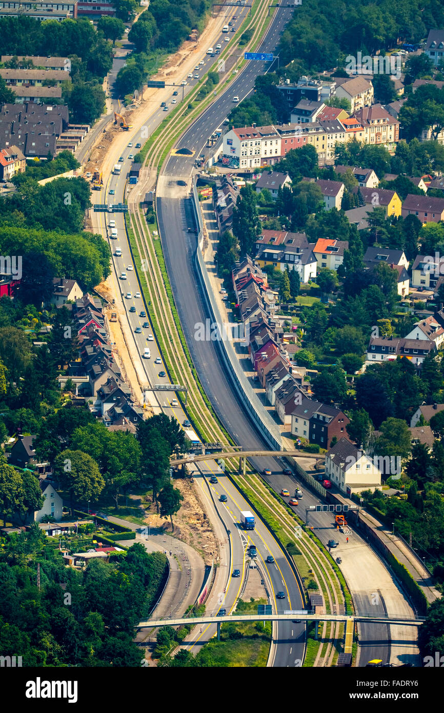 Aerial view, pavement refurbishment of the A40 in Essen, B1 Ruhrschnellweg blocking between Essen-Frillendorf and Gelsenkirchen, Stock Photo