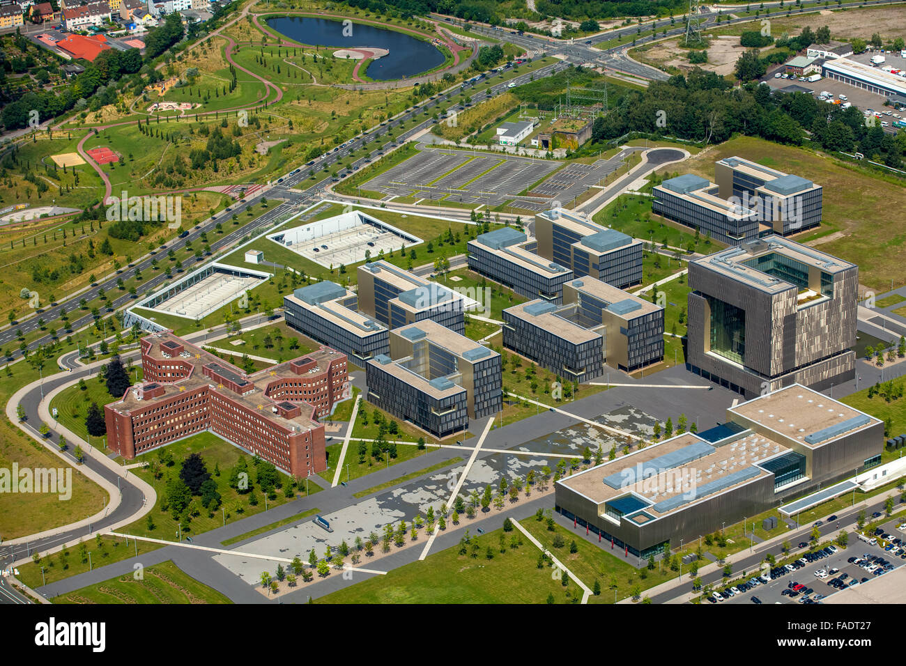 Aerial view, central administration ThyssenKrupp, Krupp belt, steel group, Dax Group, Essen, Ruhr area, North Rhine-Westphalia, Stock Photo