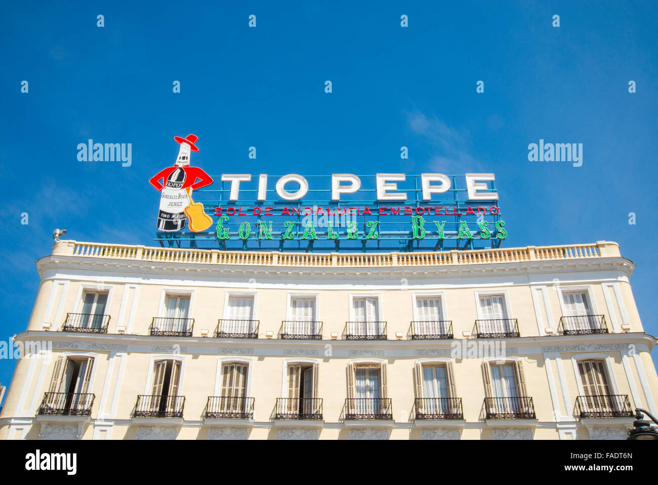 Tio Pepe neon sign on its new location. Puerta del Sol, Madrid, Spain. Stock Photo